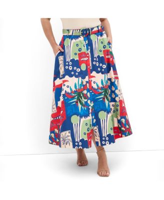 Women's Plus Size Elysia Marine Print Belted Cotton Skirt