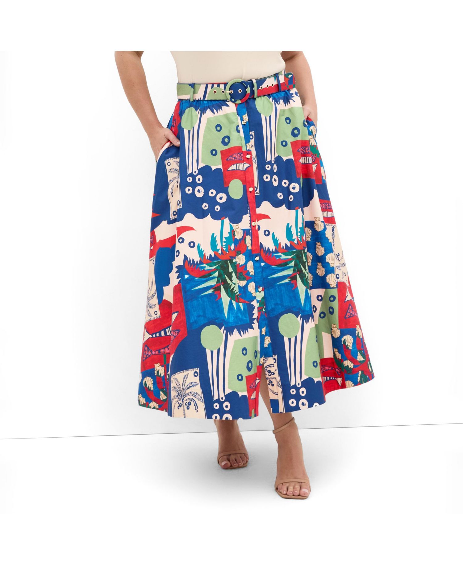 Women's Plus Size Elysia Marine Print Belted Cotton Skirt