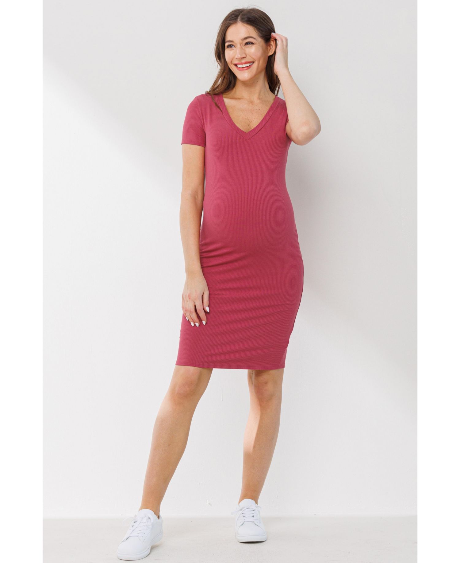 Women's Ribbed Bodycon Short Sleeve V-Neck Dress