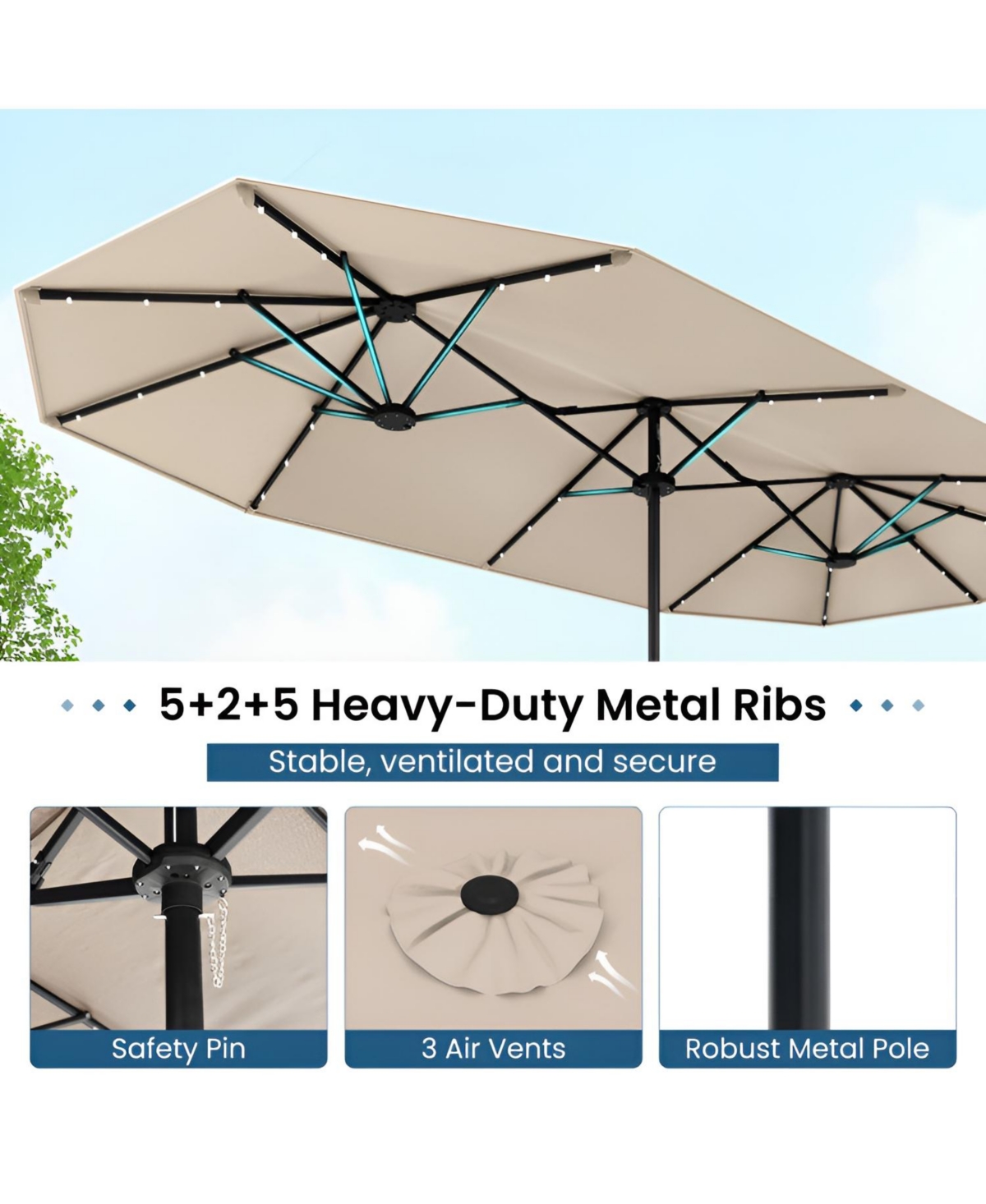Double-sided Patio Umbrella with Solar Lights for Garden Pool Backyard