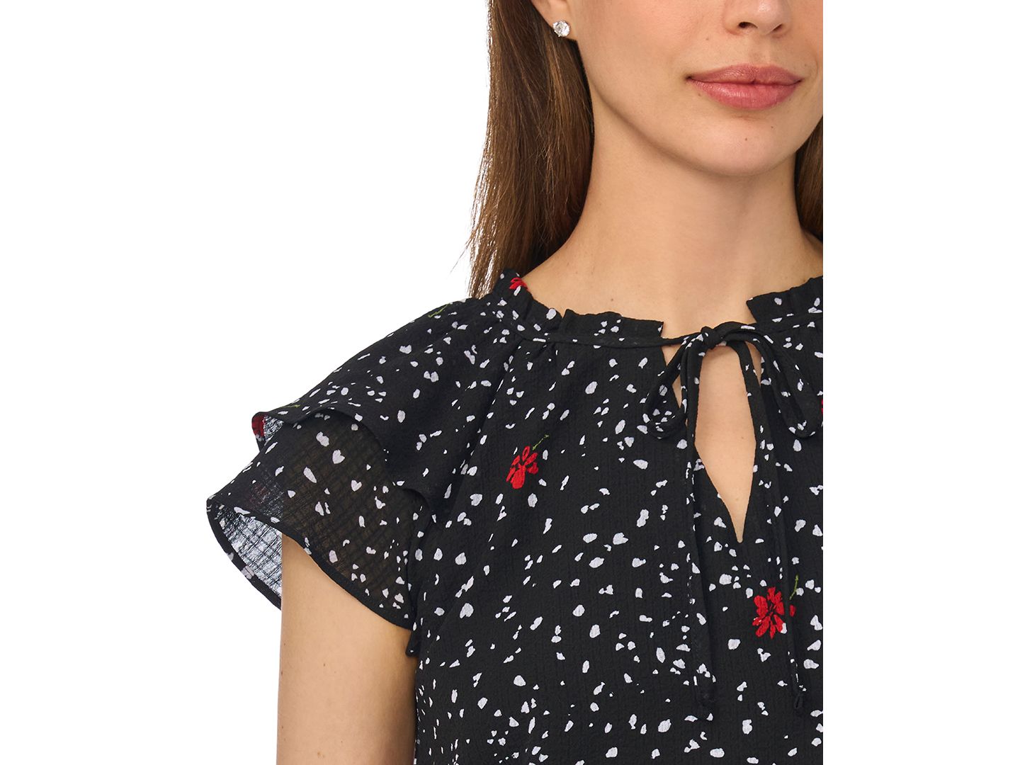 Женский топ CeCe Printed Flutter-Sleeve Tie Neck Top, цвет: Насыщенный чёрный — фото 2