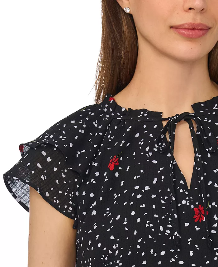 Women's Printed Flutter-Sleeve Tie Neck Top - thumbnail 2