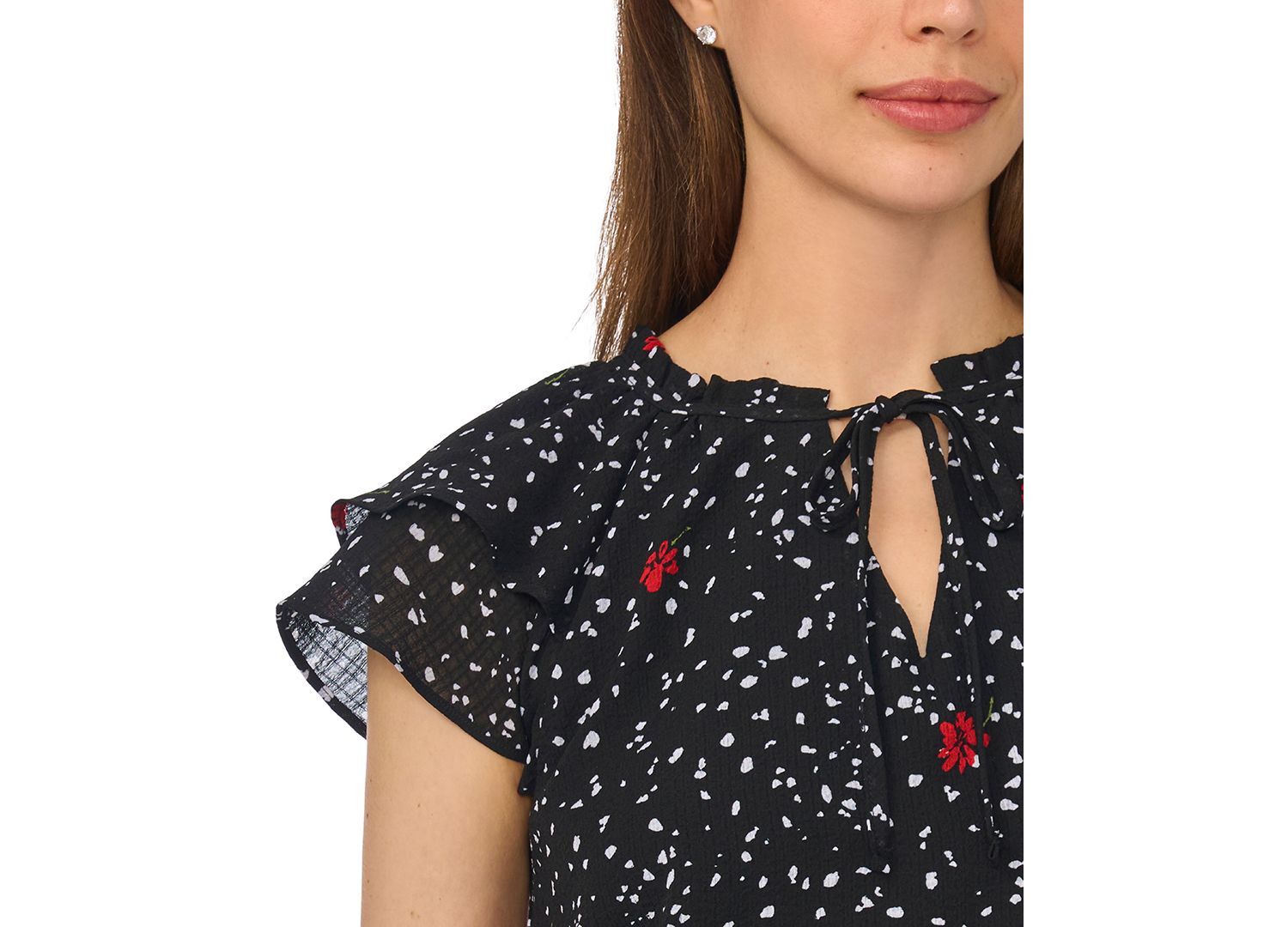Women's Printed Flutter-Sleeve Tie Neck Top