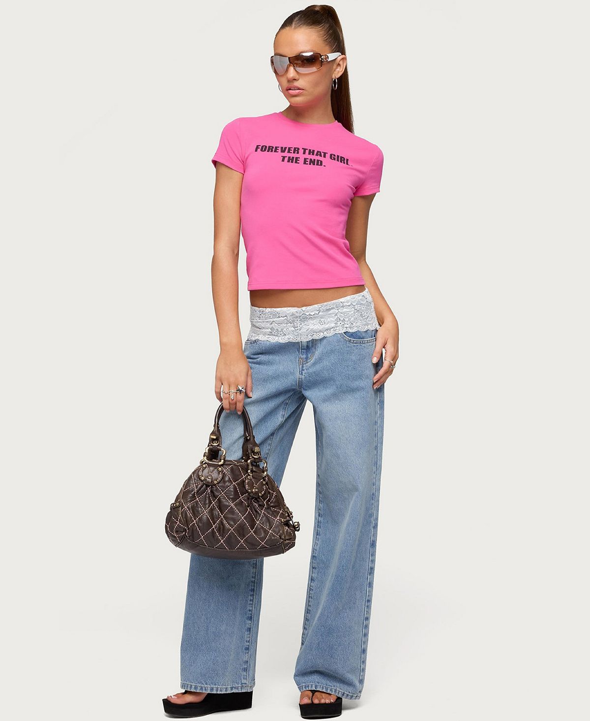 Edikted Women's Lacey Foldover Low Rise Baggy Jeans view 5 — MAYCSS fashion products