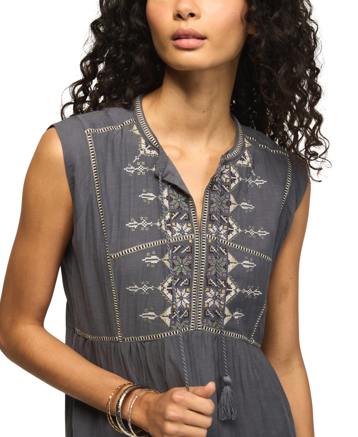 Lucky Brand Women's Embroidered Yoke Notch Neck Mini Dress