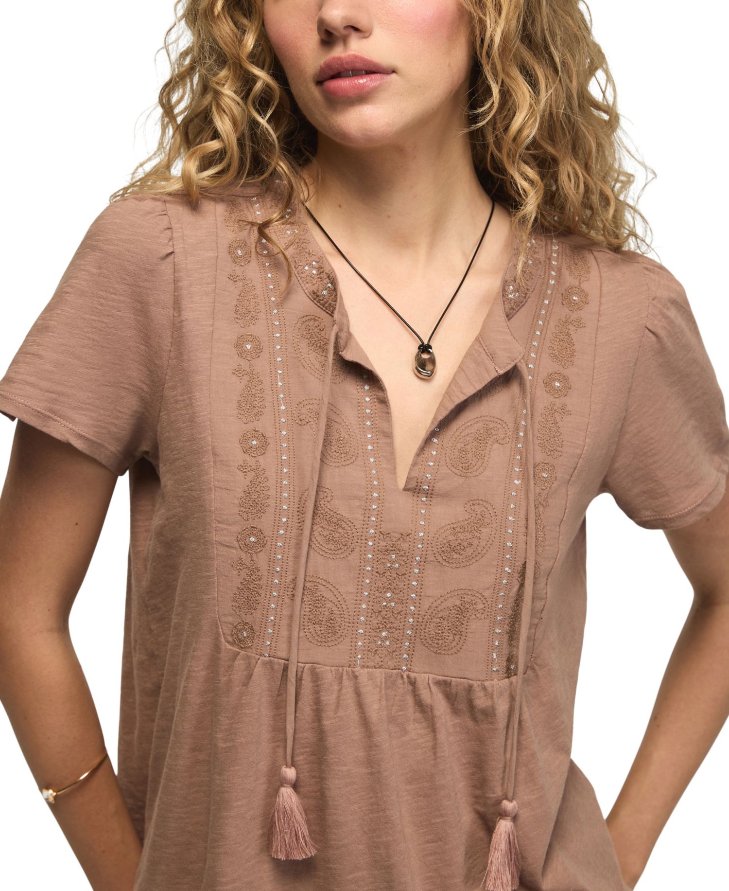 Women's V-Neck Embroidered Peasant T-Shirt