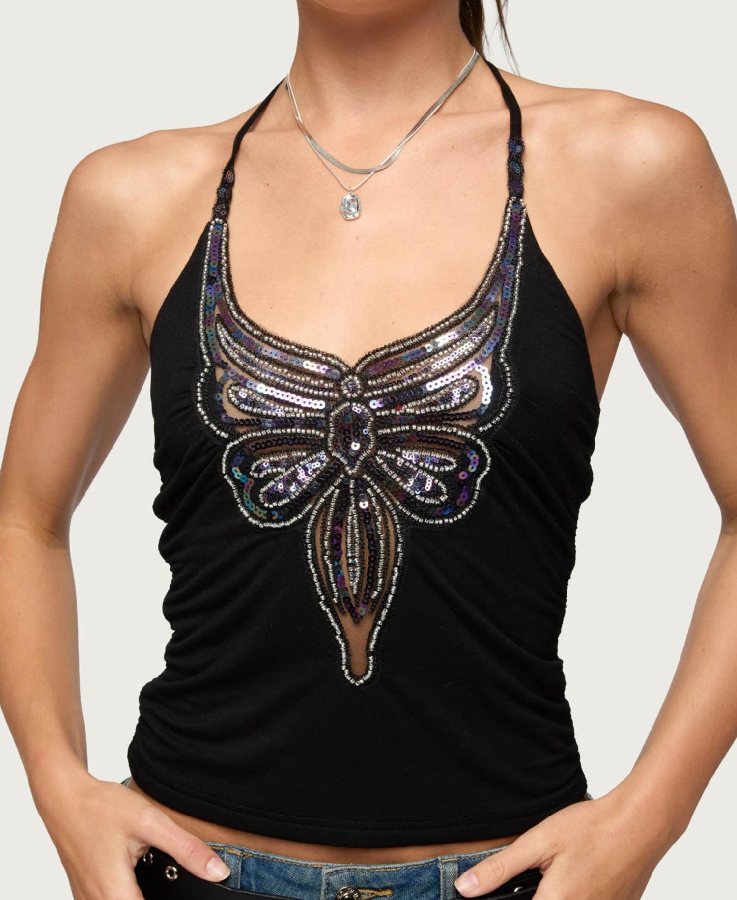 Women's Butterfly Bead and Sequin Halter Top