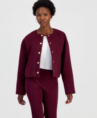 Petite Lined Round-Neck Poly-Wool Blend Snap-Front Jacket