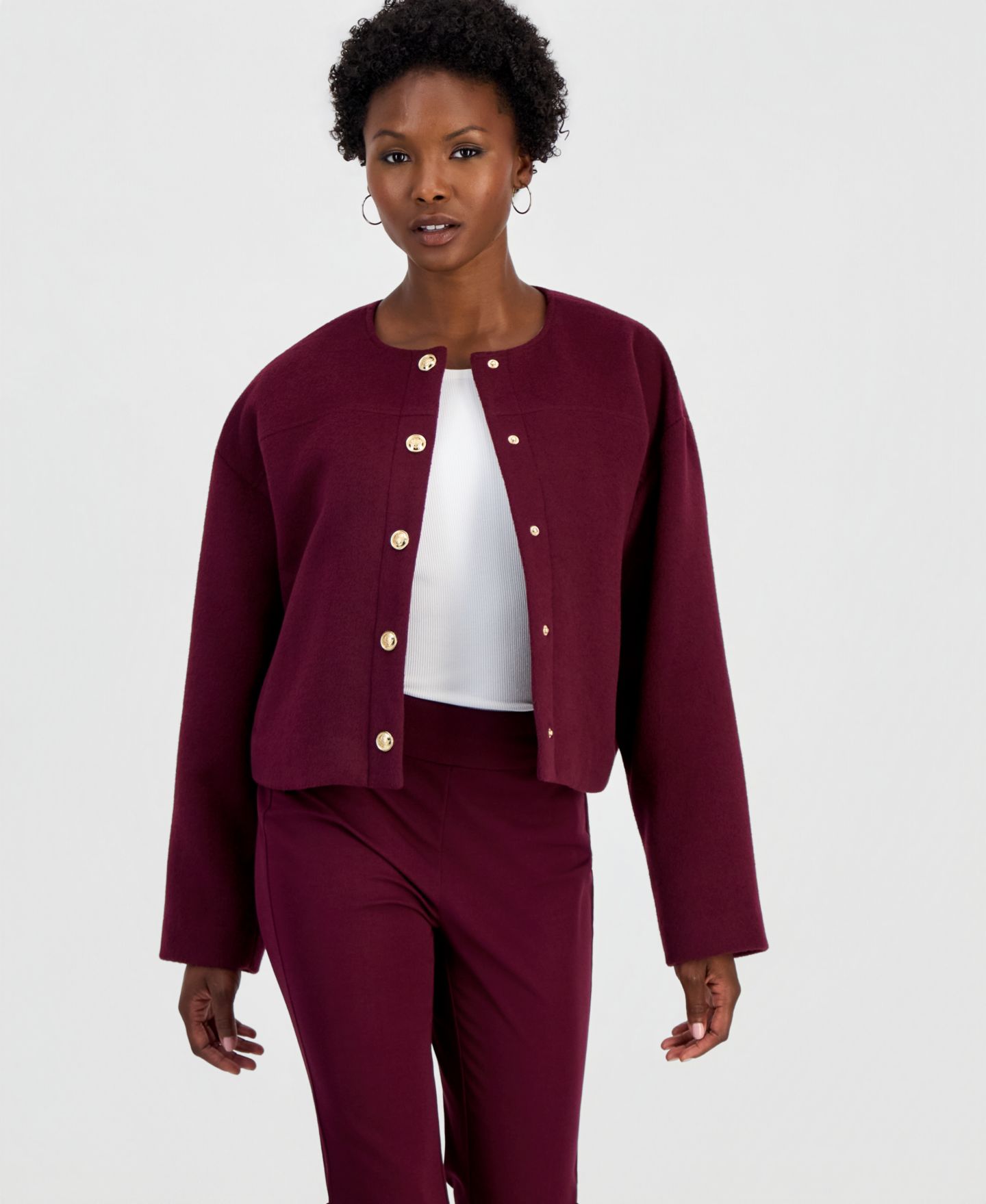 Женская куртка I.N.C. International Concepts Petite Poly-Wool Blend Snap-Front, цвет: Ягодный винный — фото 1