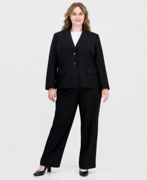 Женские комплекты Le Suit Plus Size Four-Pocket Jacket & Fly-Front Wide-Leg Pants Suit, цвет: Чёрный