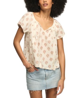 Women's Short-Sleeve Print Notch-Neck Mix Top