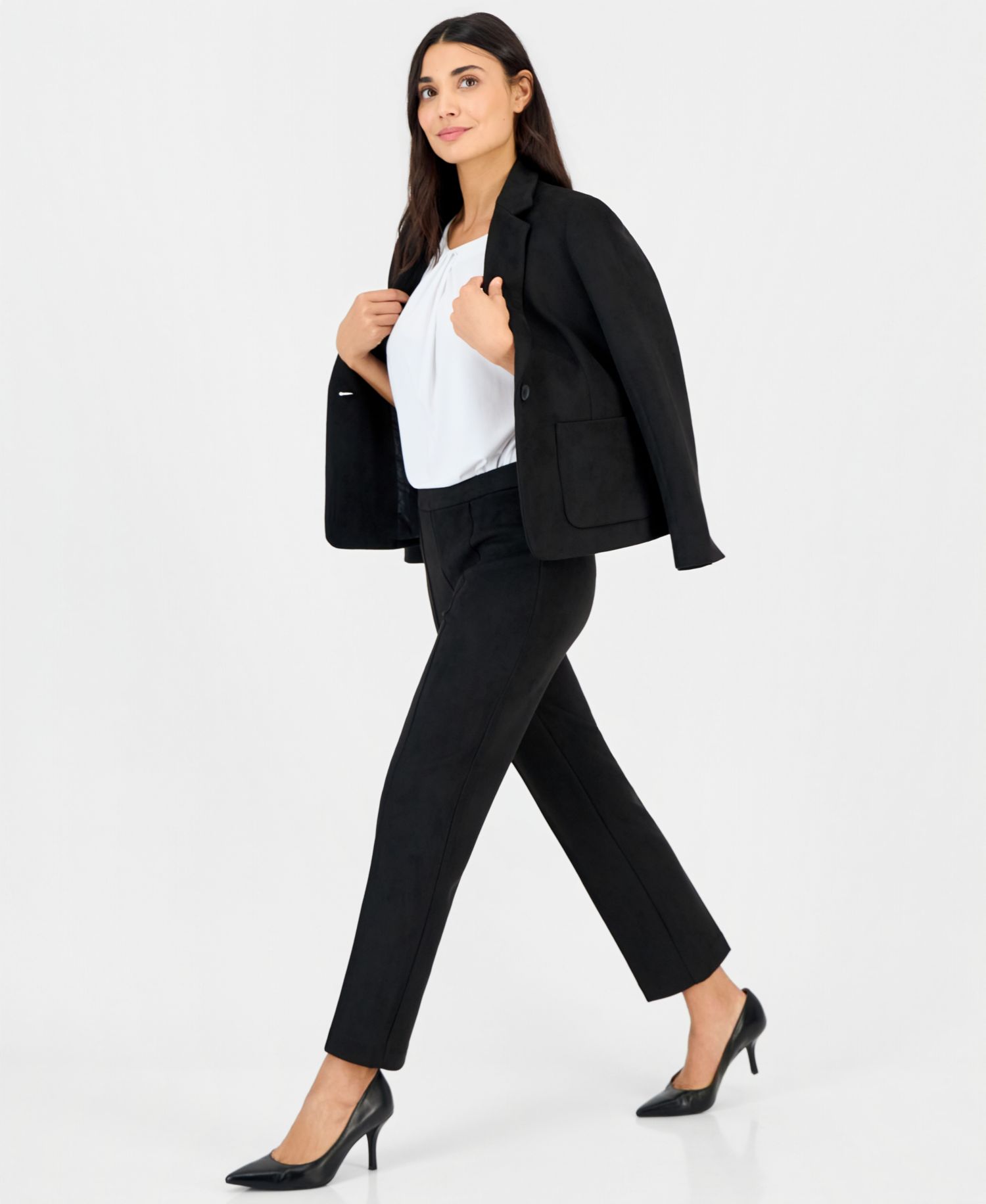 Petite Faux Suede One Button Patch-Pocket Jacket