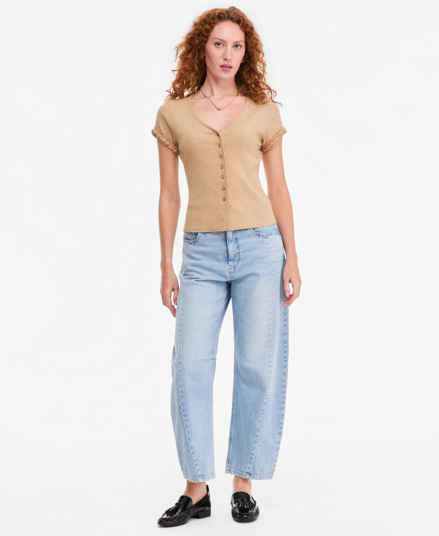 Женский топ On 34th Ruffle-Trim Button-Front Short-Sleeve Ribbed Top, цвет: Синий — фото 7