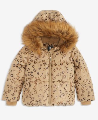 Toddler Girls' 2T-6X Leopard Foil Puffer Coat With Faux-Fur Trim