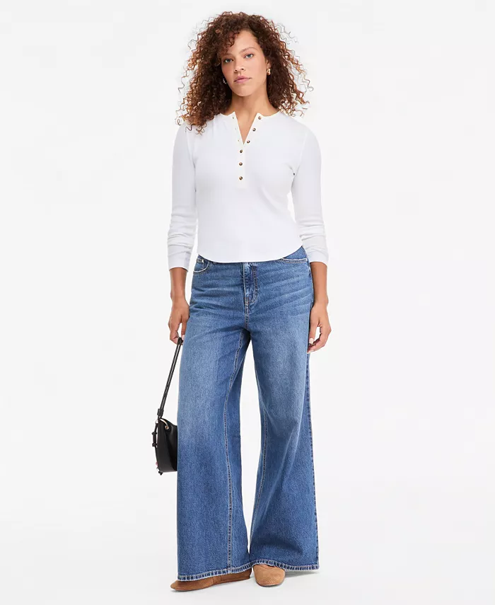 Women's Long Sleeve Ribbed Henley Top - thumbnail 6