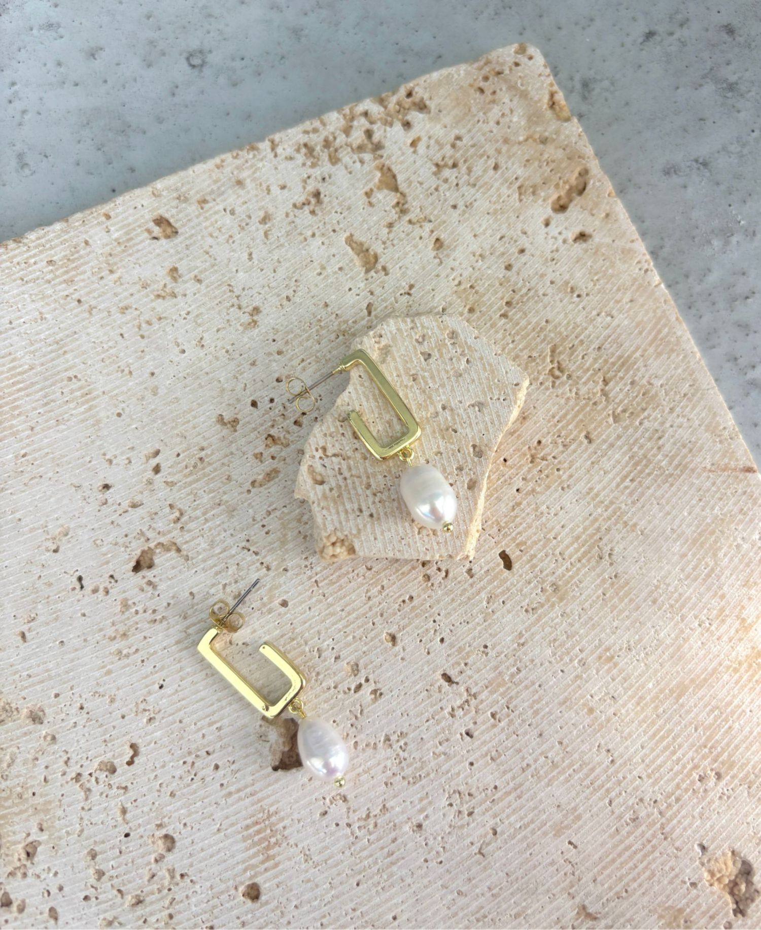 Gold Natural Freshwater Pearl Rectangle Drop Earrings