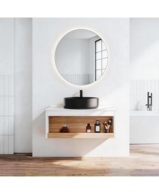 Wall Mounted Bathroom Vanity with Vessel Sink, Floating Plywood Cabinet, Open Storage for Small Spaces