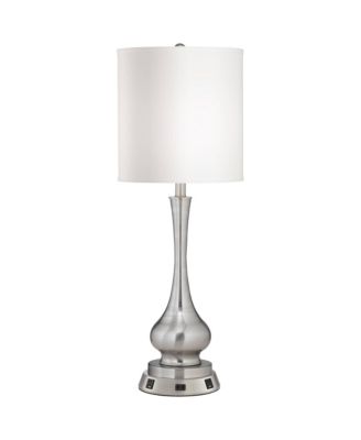 Modern Table Lamp 32" Tall Brushed Nickel with USB and AC Power Outlet Workstation Base Shade for Bedroom Living Room House