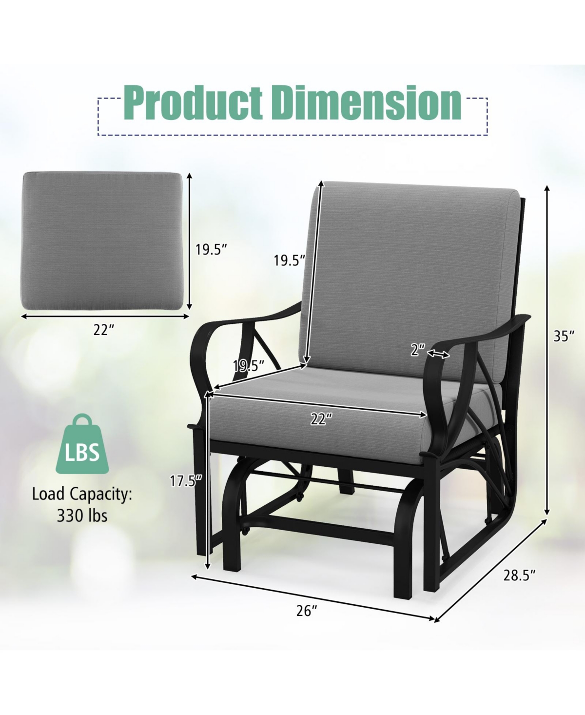 Slickblue Outdoor Glider Rocking Chair with Plush Cushion and Armrests