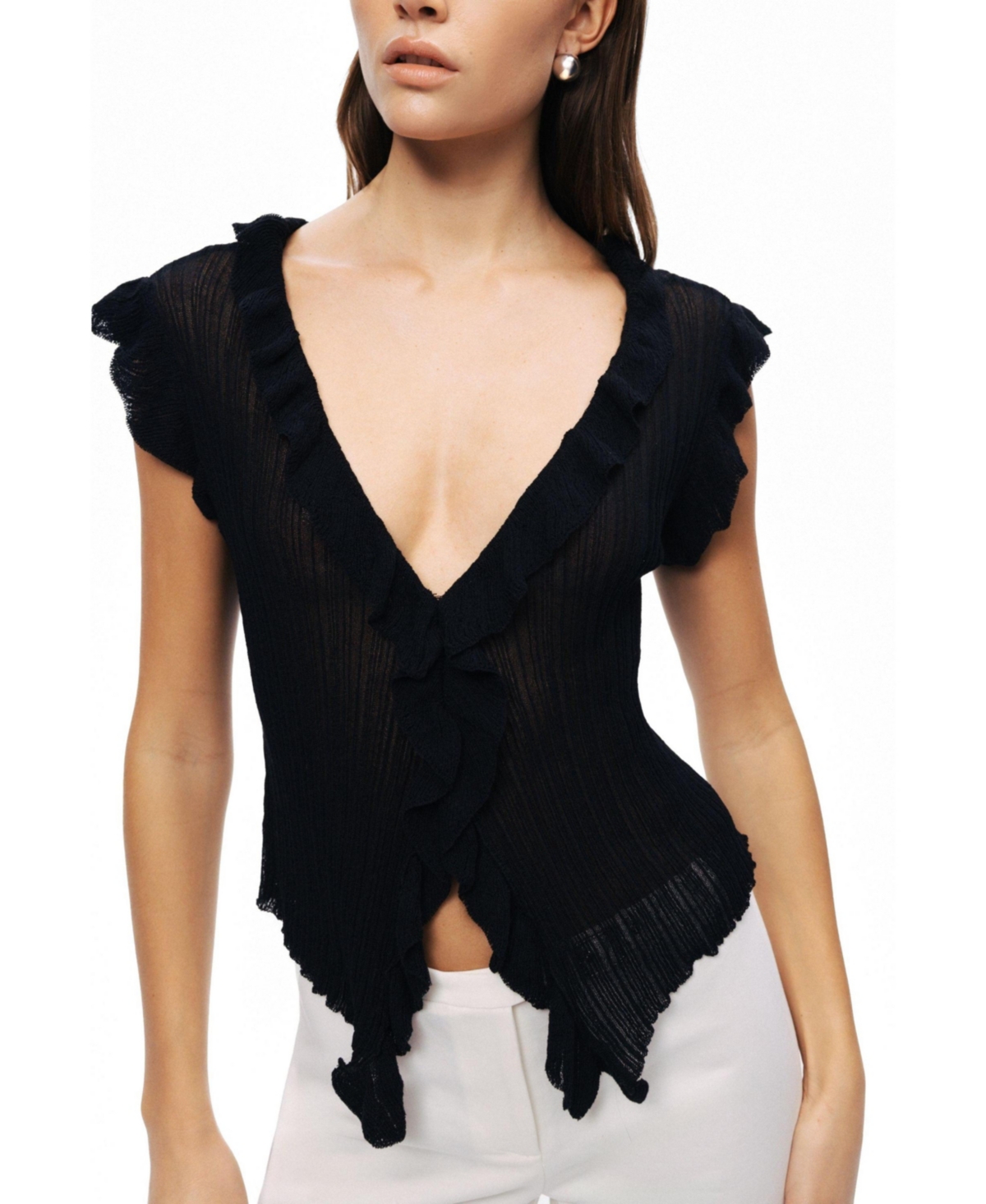 Nocturne Women's Ruffled V-Neck Sheer Blouse