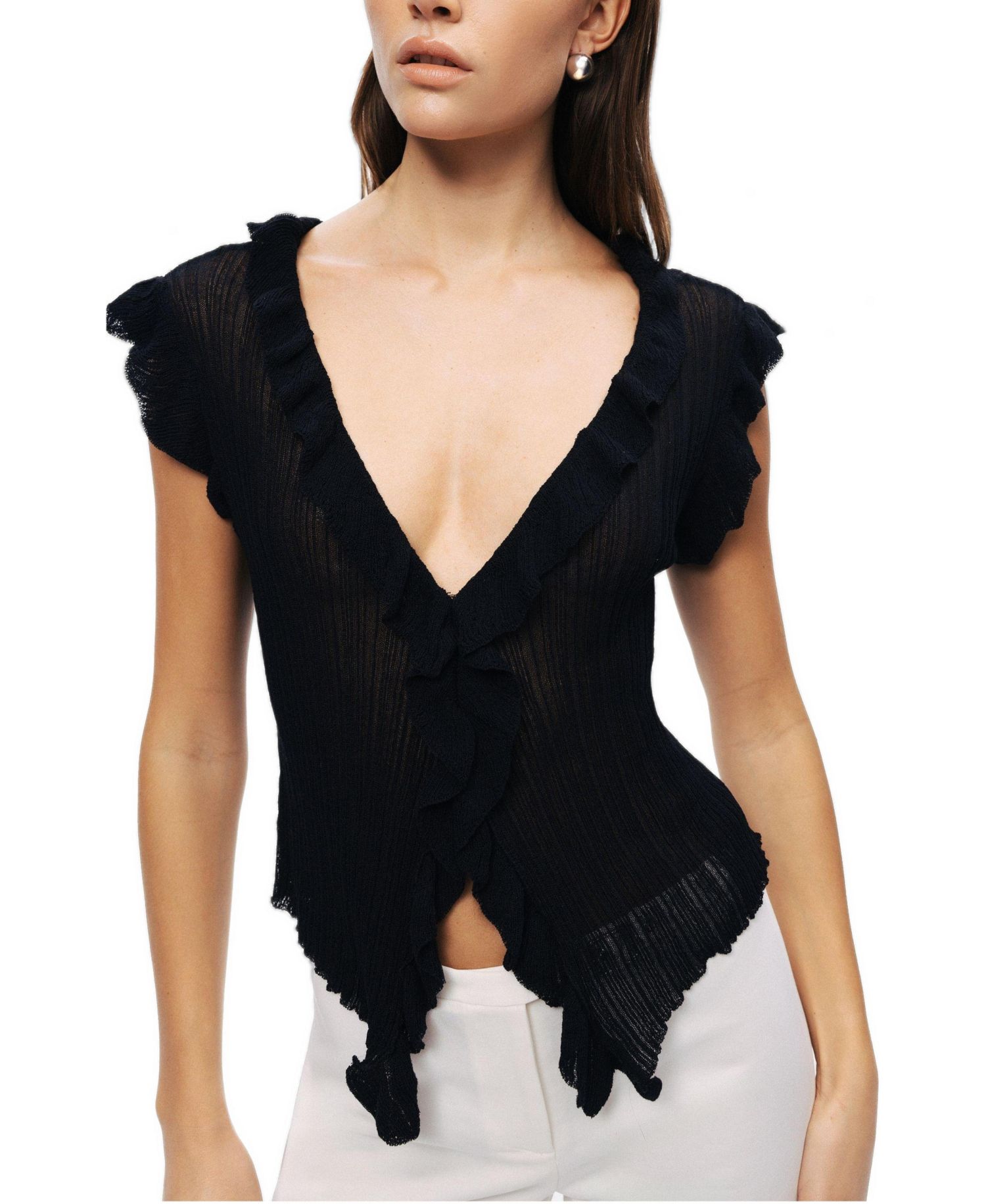 Women's Ruffled V-Neck Sheer Blouse