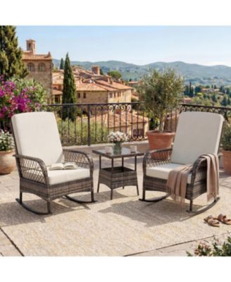 3-Piece Patio Furniture Set 2 Rocking Chairs and Glass Table, Outdoor Wicker Seating