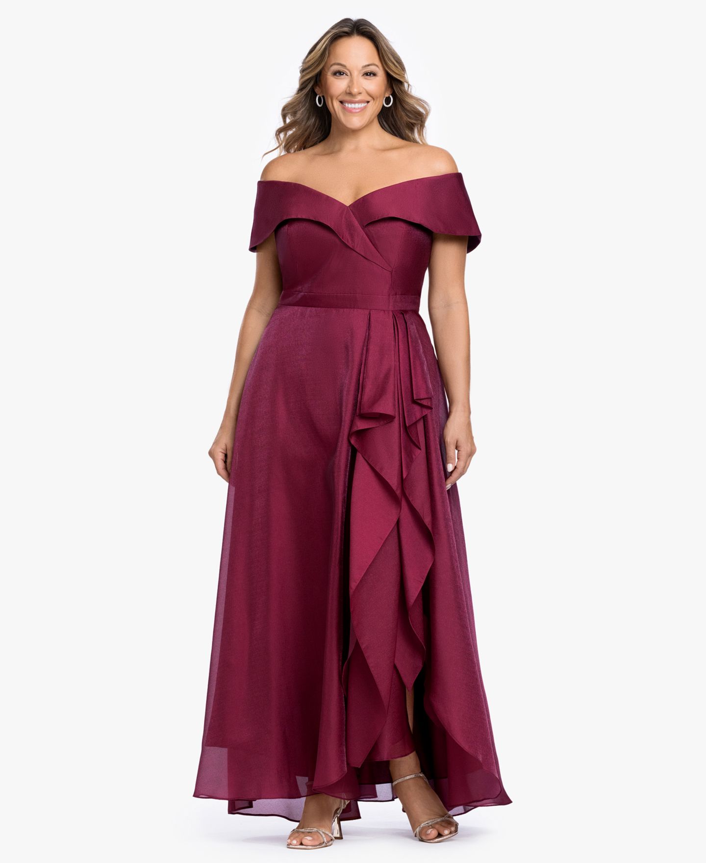 Женское платье XSCAPE Plus Size Sweetheart Neck Off-The-Shoulder Ruffle Long, цвет: Винный — фото 1
