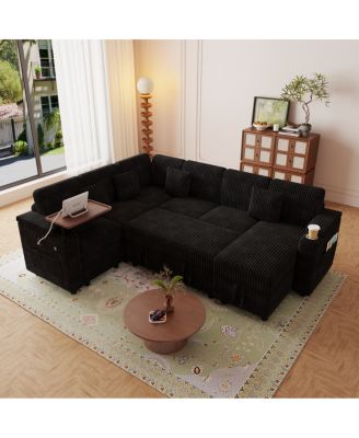 100'' U-Shaped Corduroy Sofa Bed with USB Storage and Cup Holders