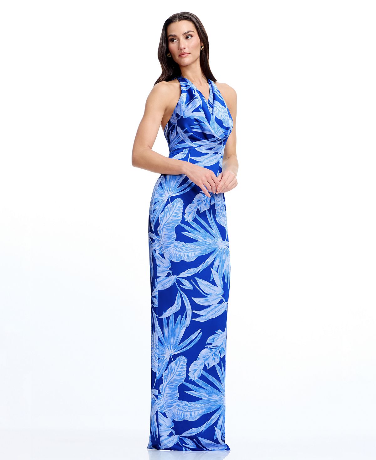 Dress the Population Women's Halter Cowl Neck Column Maxi Dress view 5 — MAYCSS fashion products