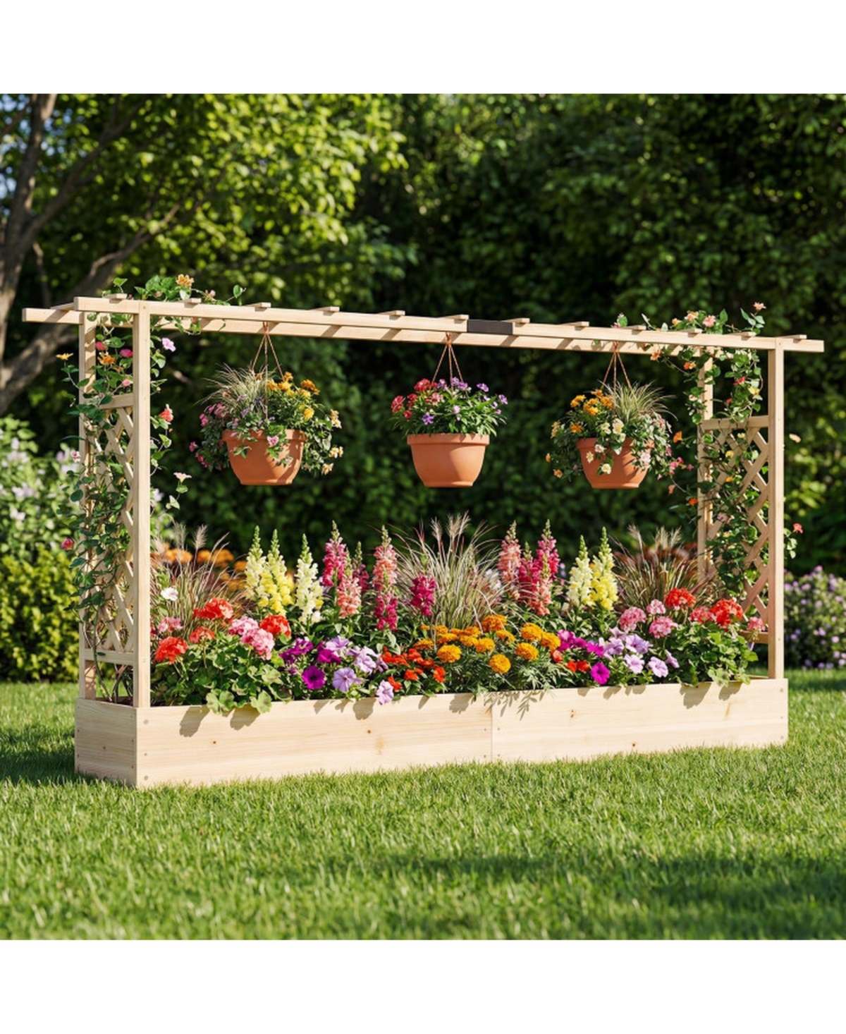 Gouun 87 in Tall Solid Wood Raised Garden Bed with Side Trellis and Roof