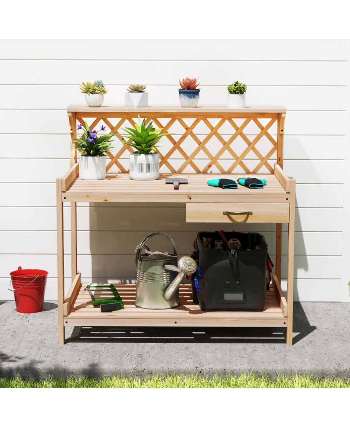 Gouun Wooden Garden Potting Bench with Lattice Trellis and Drawer