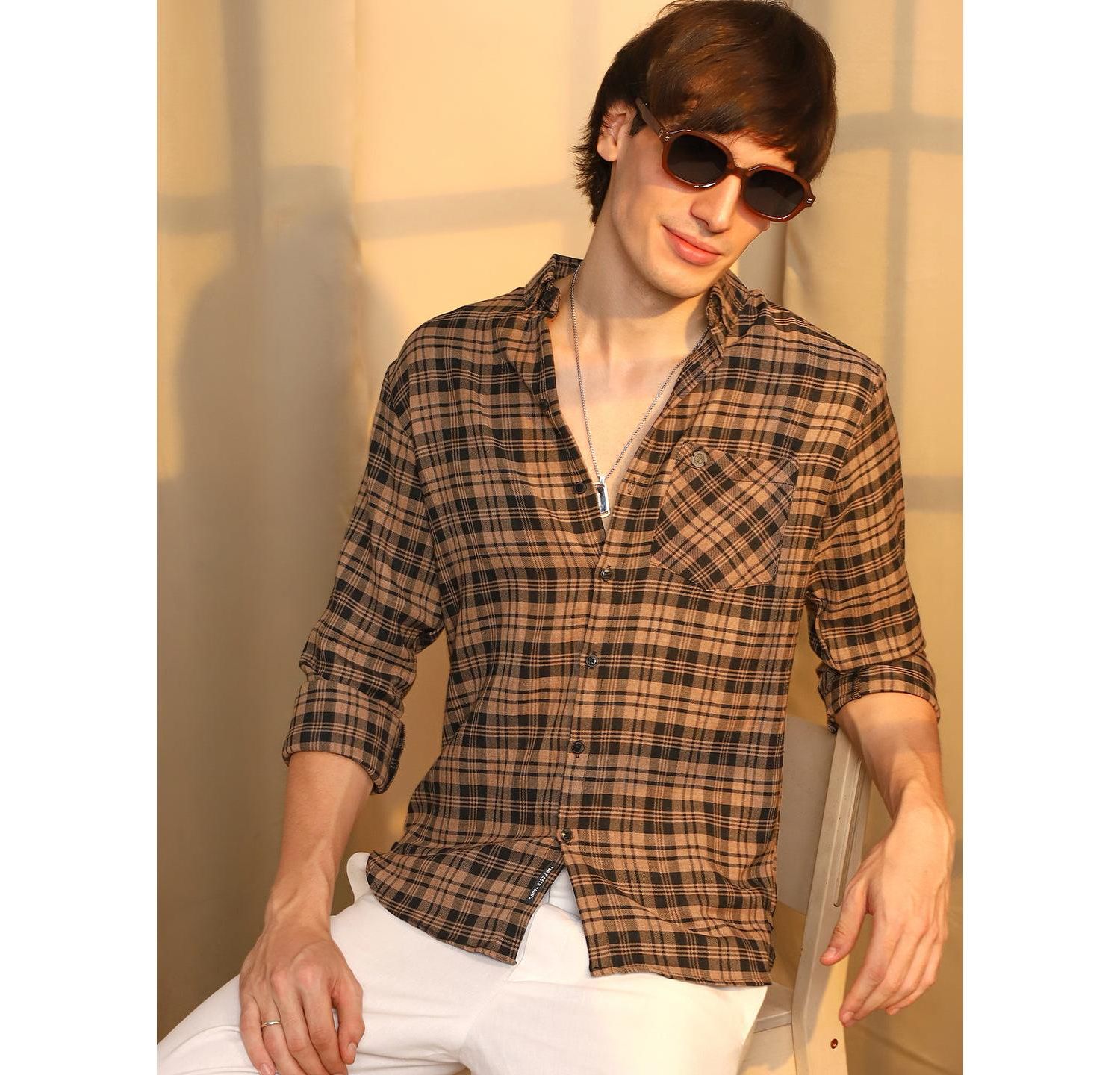 Men's Tan Brown & Charcoal Black Tartan Plaid Shirt