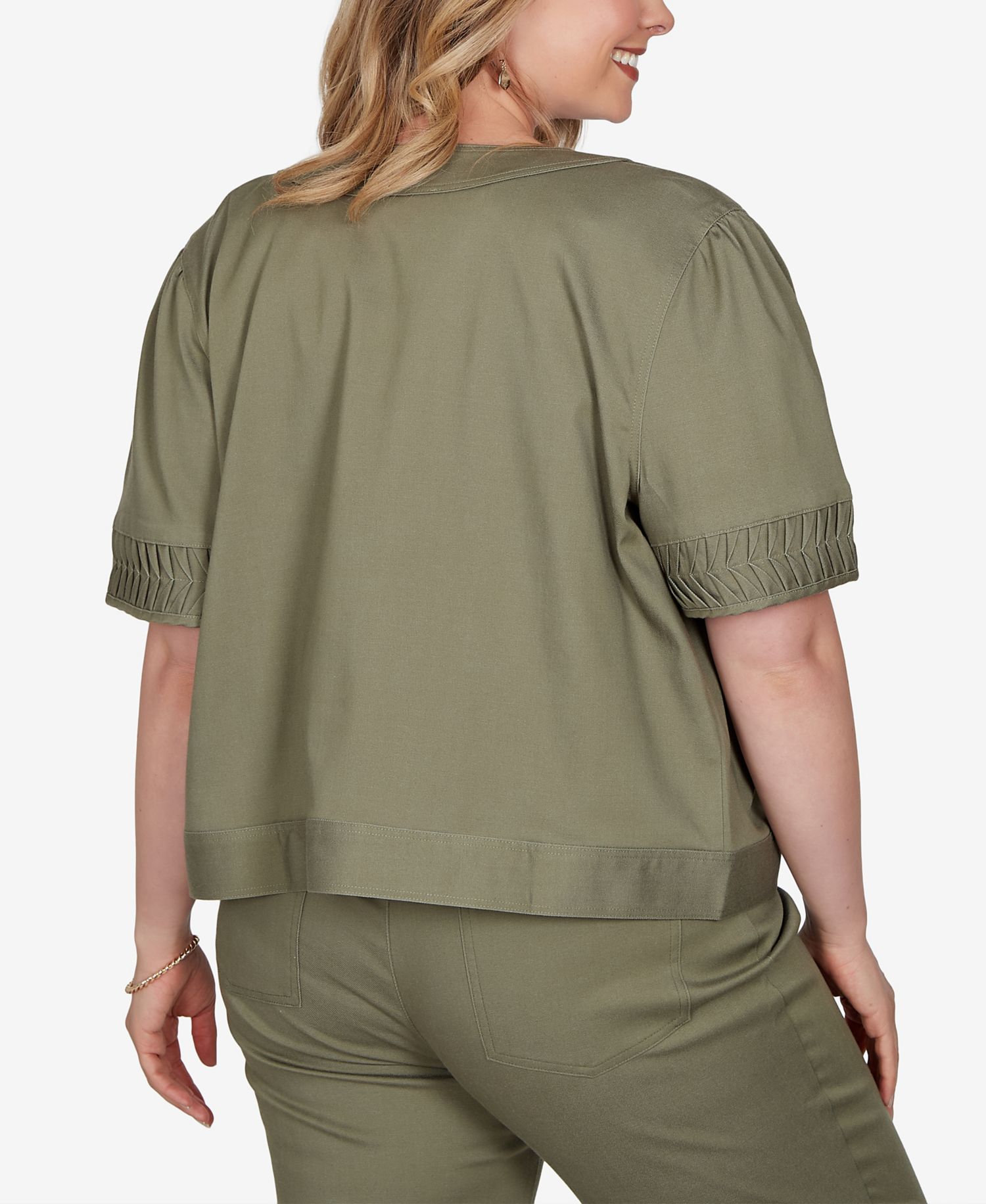 Plus Size Pleated Short-Sleeve Soft Denim Jacket