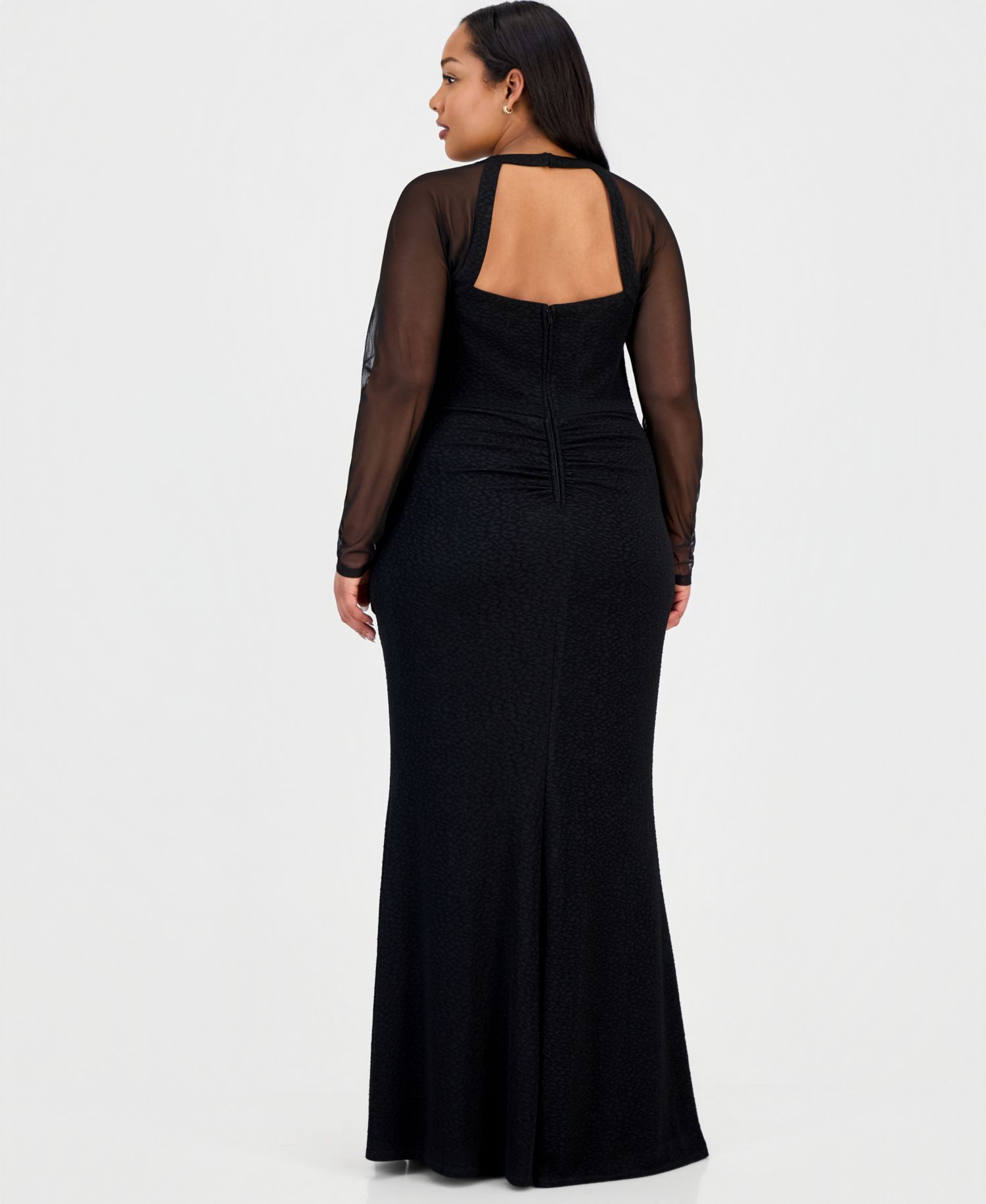 Trendy Plus Size Mesh-Sleeve High-Slit Gown