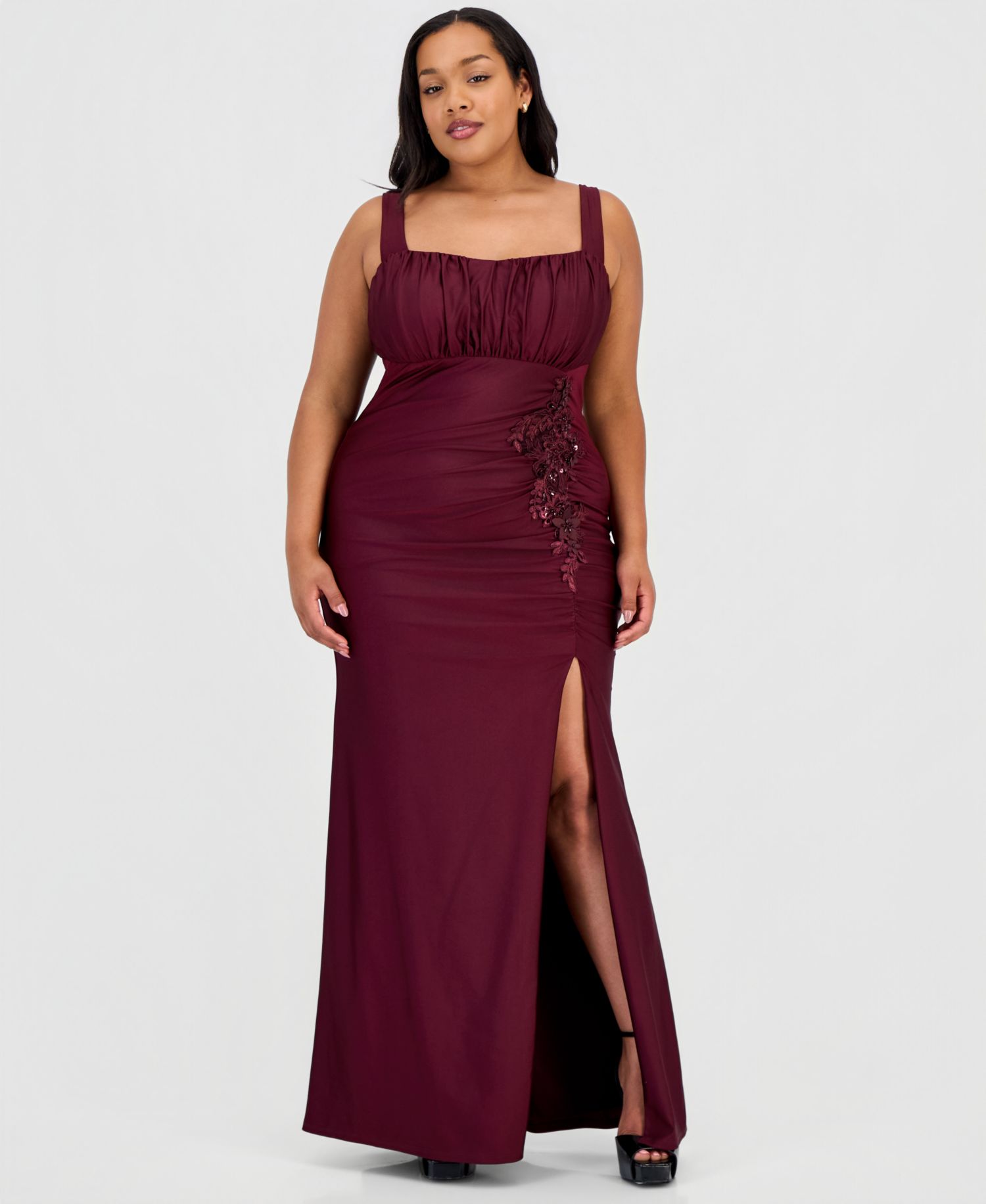 Trendy Plus Size Ruched Satin Appliqu&eacute; Gown