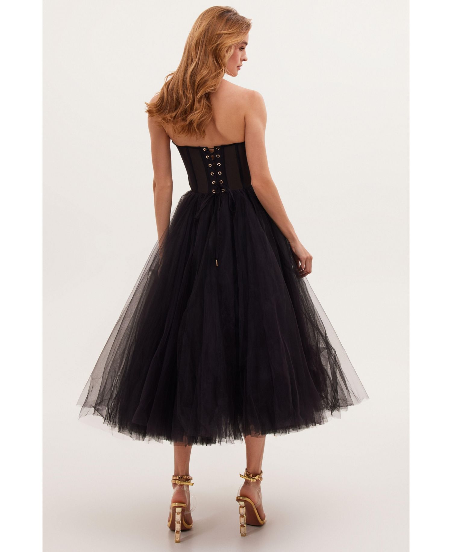 Women's Strapless Puffy Tulle Midi Formal Occasion Dress