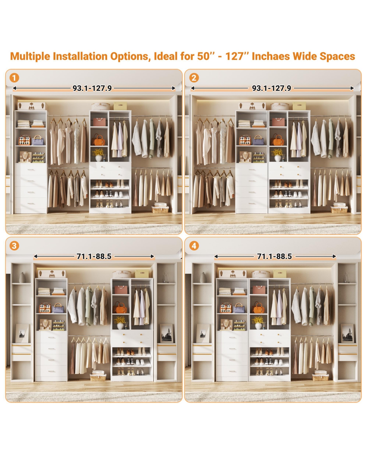 Aheaplus Wooden Closet System Set with 6 Drawers and 5 Hanging Rods and 6 Shelves