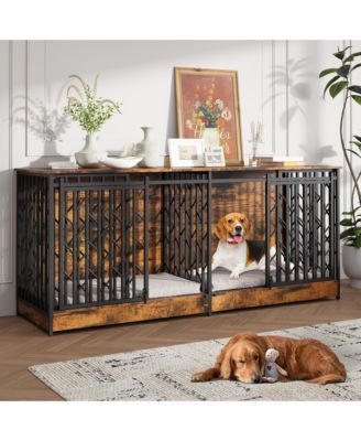 Double Dog Cage with Divider - Heavy Duty Metal Pet Enclosure with Tree Branch Design Bars | Industrial Dog Kennel for Medium Large Breeds