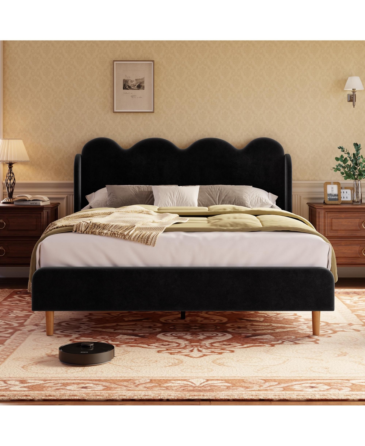 homfan Upholstered Wingback Platform Bed with Scalloped Edges and Velvet Tufted Headboard, Easy Setup