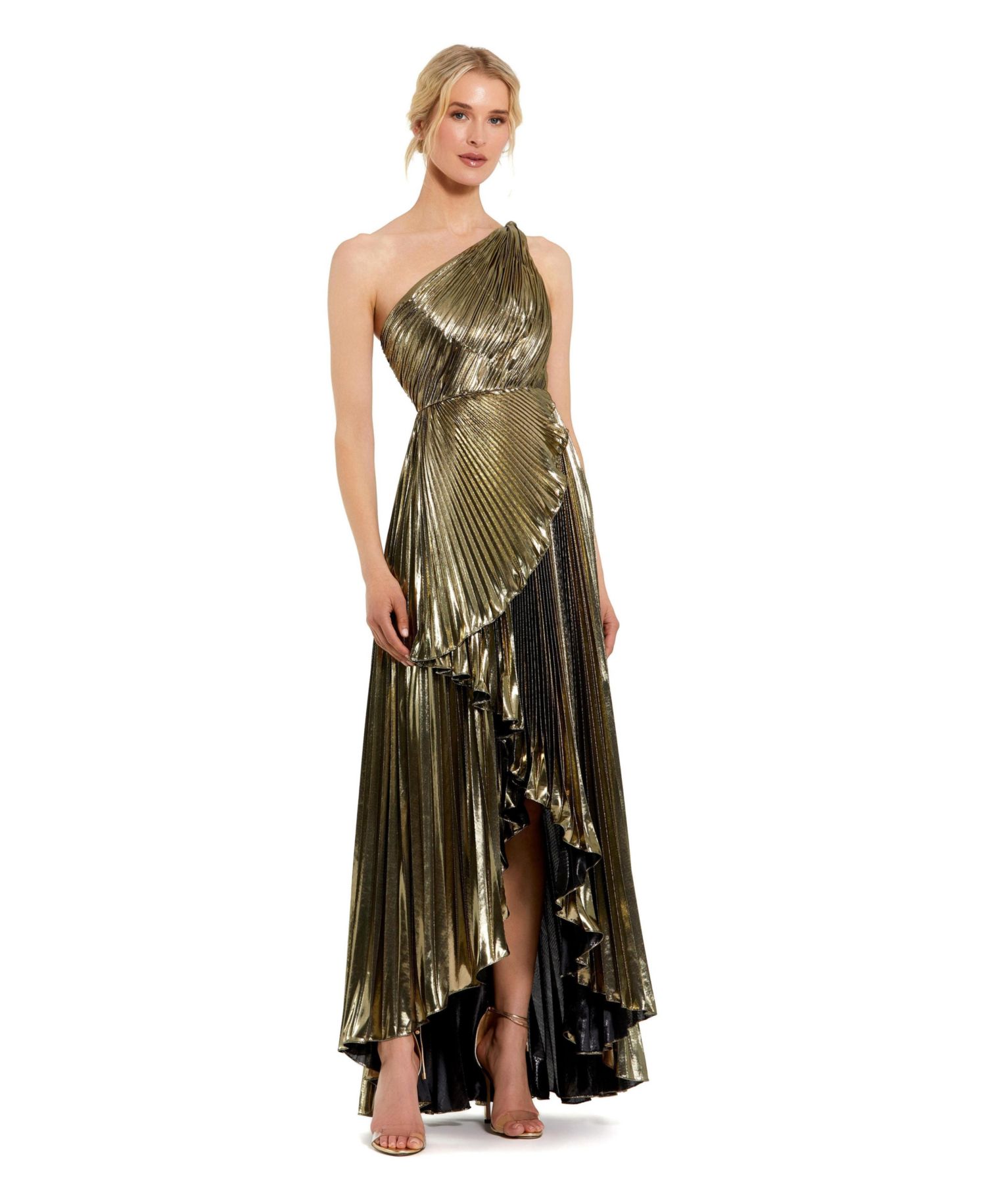 Petite Pleated Metallic One Shoulder High Low Gown