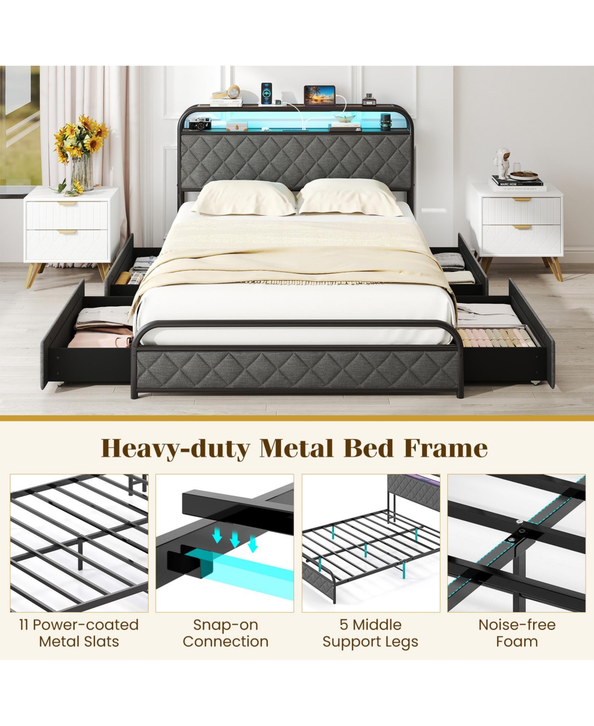 Slickblue Modern Platform Bed Frame with Led Lighting and Power Outlet
