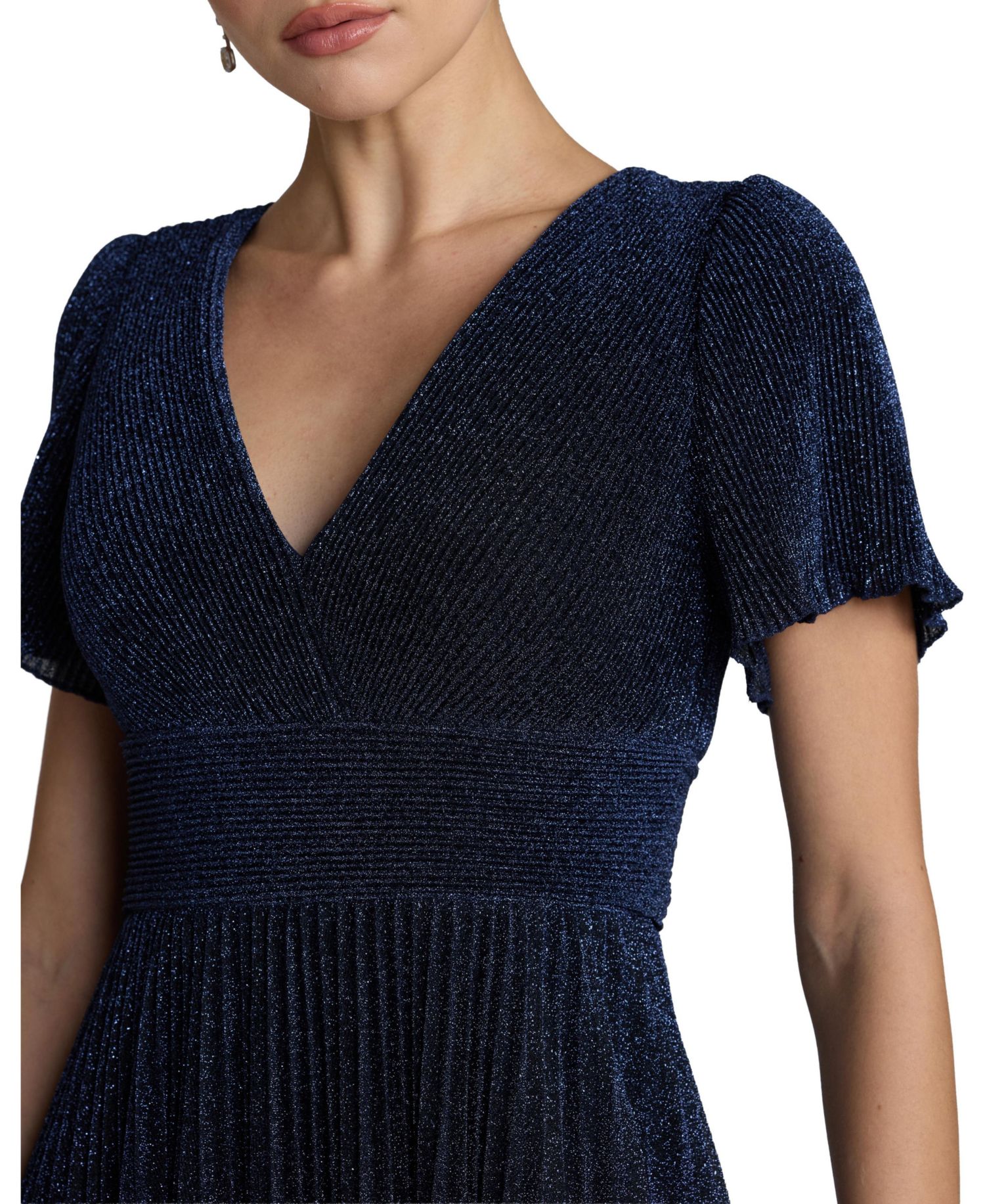 Women's Pleated Metallic Flutter Sleeve A Line Gown
