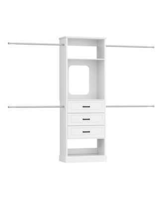 Wooden Closet Organizer with 4 Hanging Rods and 3 Drawers and Mirror
