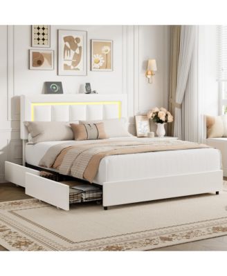 LED Bed Frame with 4 Drawers, PU Leather Platform Bed with Charging Station for Bedroom, Easy Assembly