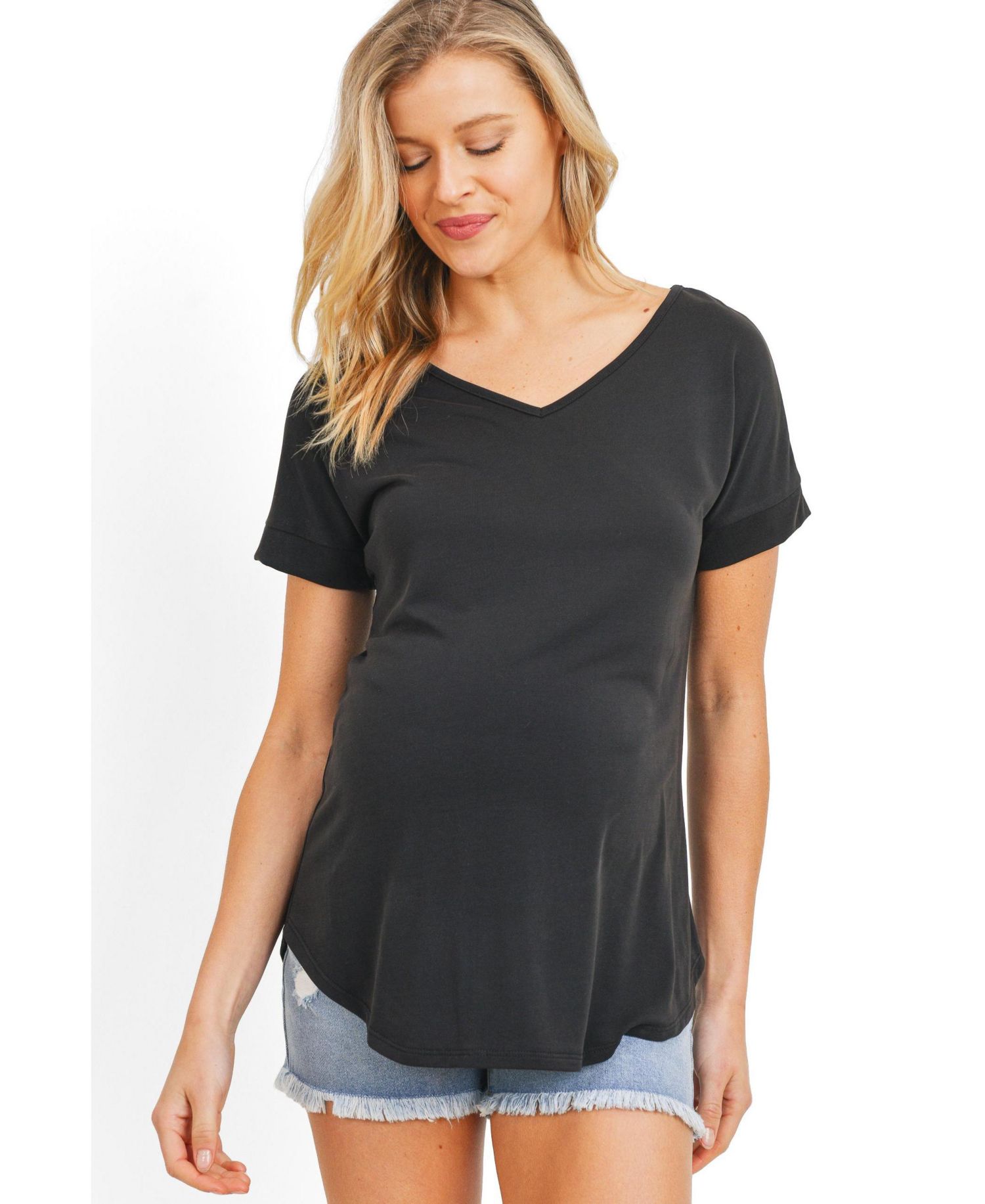 Maternity Short Sleeve V Neck Top with Back Strap Detail
