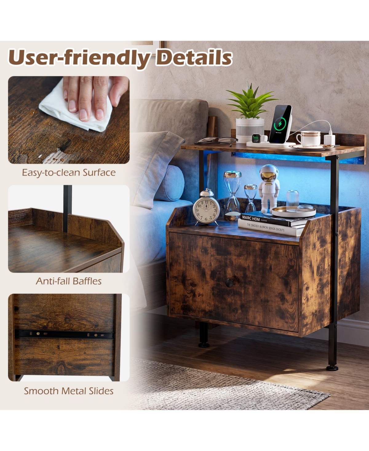 Gymax Nightstand Wall-mounted Bedside Table w/ Led Lights and Charging Station