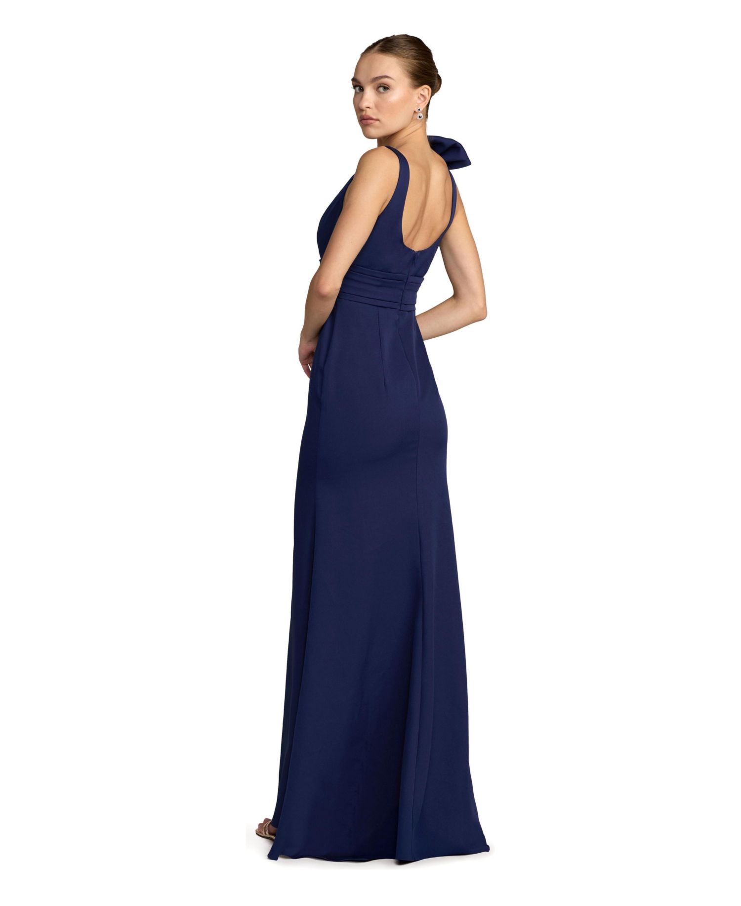 Petite Sleeveless Crepe Gown with Scoop Neck and Bow Detail