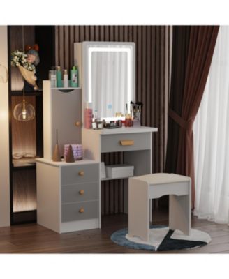 52-Inch Vanity Desk with Matching Stool - Modern Makeup Table with LED Light & Sliding Mirror | 2-in-1 Dresser & Nightstand Combo