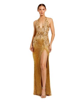 Women's Embellished Halter Gown with Fringe Slit