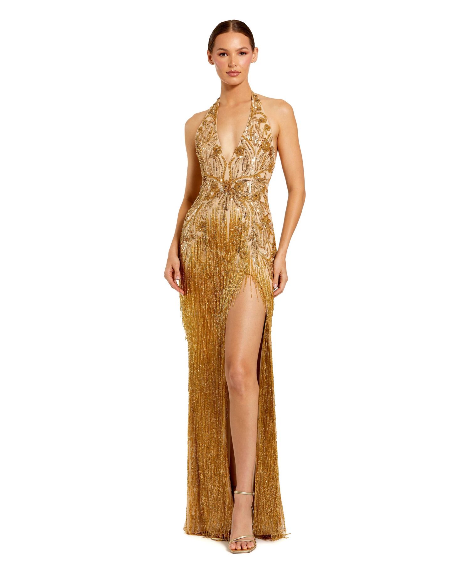 Women's Embellished Halter Gown with Fringe Slit